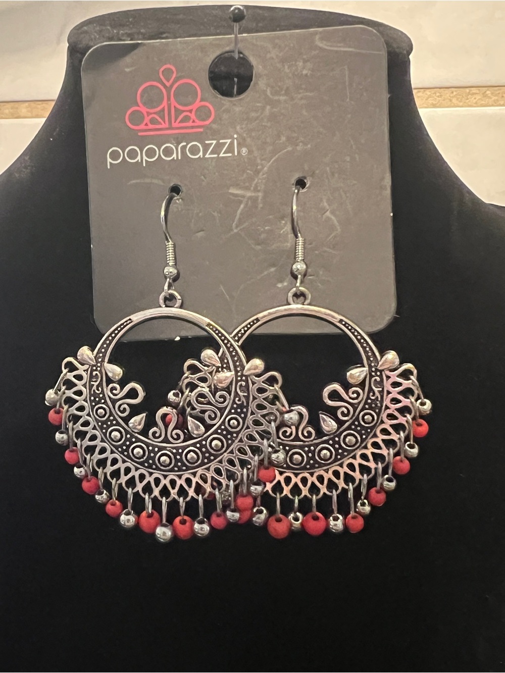 Paparazzi Silver-Tone Filigree Hoop Earrings with Red Accents